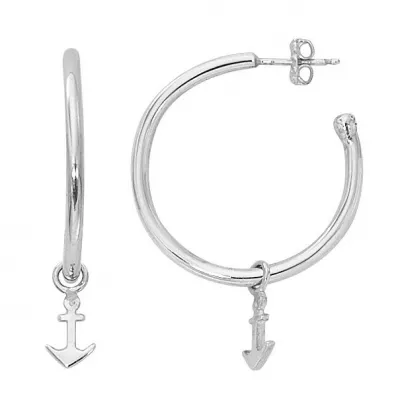 Sterling Silver Hoop Earrings with Hanging Anchors